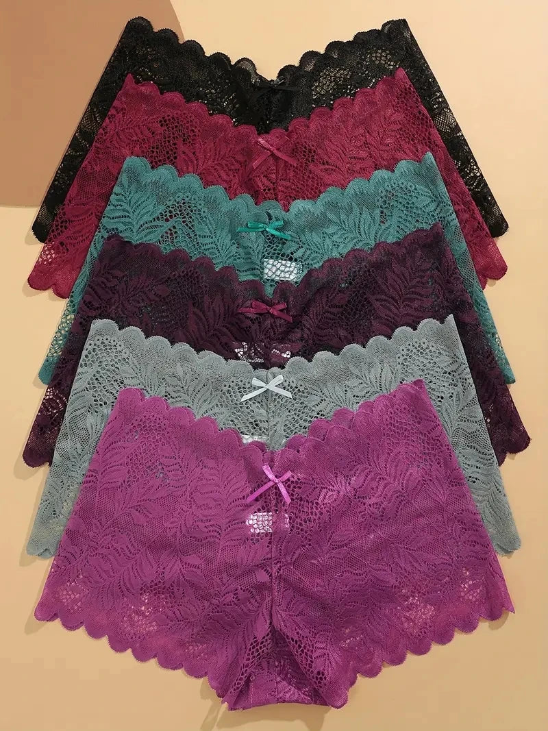 6PCS Women Lace Boxers Briefs Sexy Seamless Breathable Low Waist Female Underwear Solid Color Intimates High Elastic Lingerie