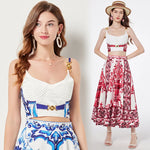 Women's Dress Blue And White Porcelain Retro Printed Metal Buckle Three-dimensional Strapless Top + Wide Skirt Two-piece Set