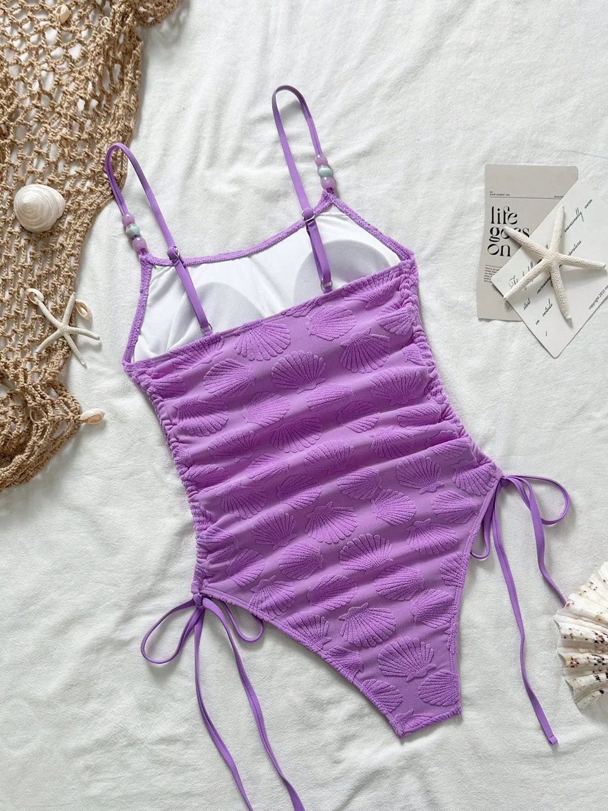 Sexy Purple Shell Print One Piece Swimsuit 2026 Women Pearls Strap Drawstring Side Tummy Control Holiday Bathing Suit Swimwear