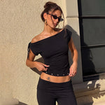 FDYOUI Women's Diagonal Collar Gray T-shirts Y2K Female Off Shoulder Lace-up Holes Cropped Tops Casual Black T Shirt Streetwear