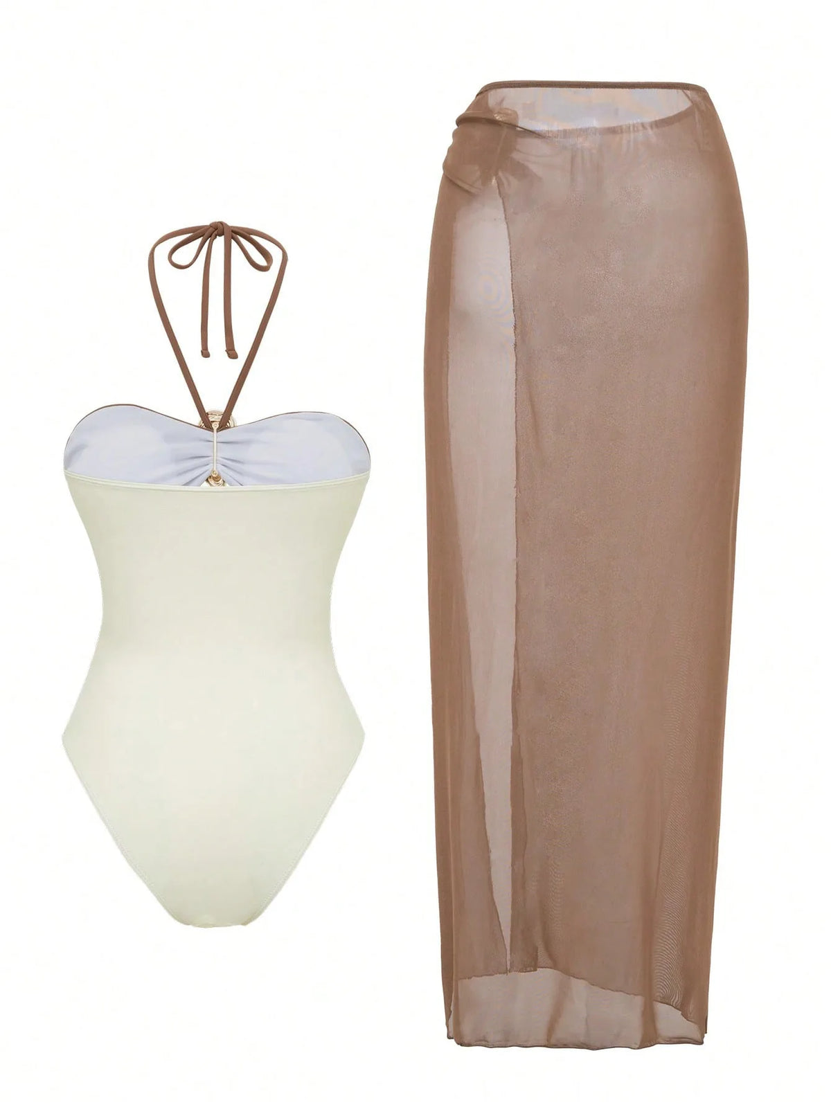 Vintage Brown Patachwork One Piece Swimsuit 2026 Women Sexy Hollow Out Backless Mesh Skirt Swimwear Set Summer Bathing Suits