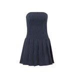 WhereMery Korean Women Fashion A-line Dress Y2K Sleeveless Slash-neck Pleated Stripe Dresses Spring Summer Elegant Slim Vestidos