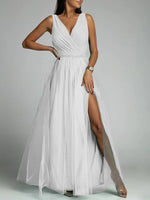 Elegant Solid Color Fine Sparkle Party Dresses Women Temperament V-neck Leace-up Mesh Slit Long Dress Evening Vestidos Female