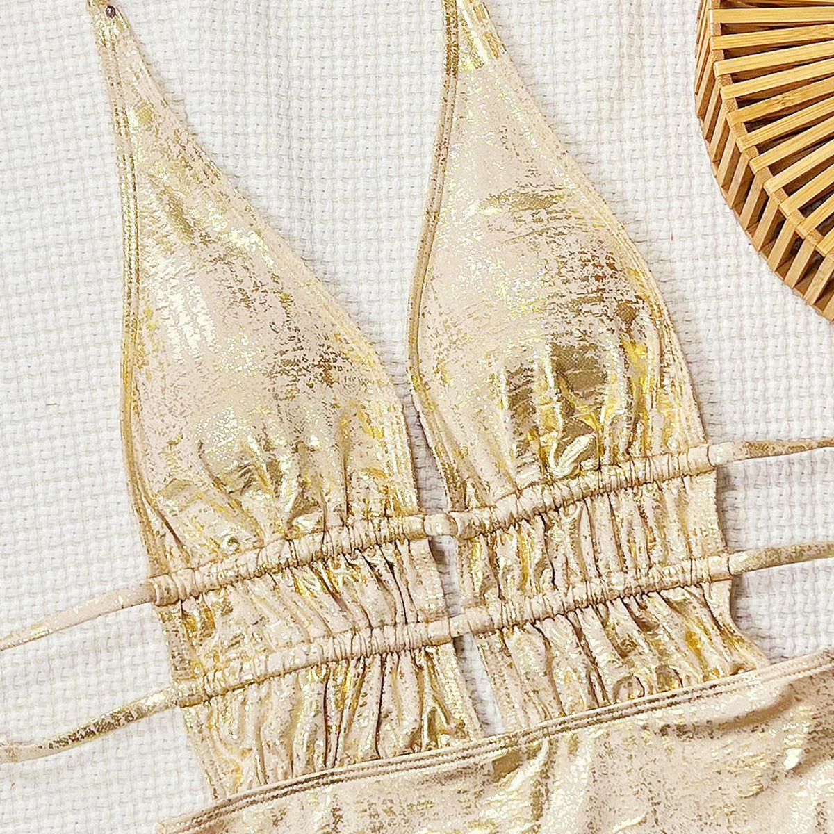 Shiny Gold Halter Backless One Piece Sexy Swimsuit Woman 2026 String Lace-up Swimwear Hollow Out Monokini High Cut Bathing Suit
