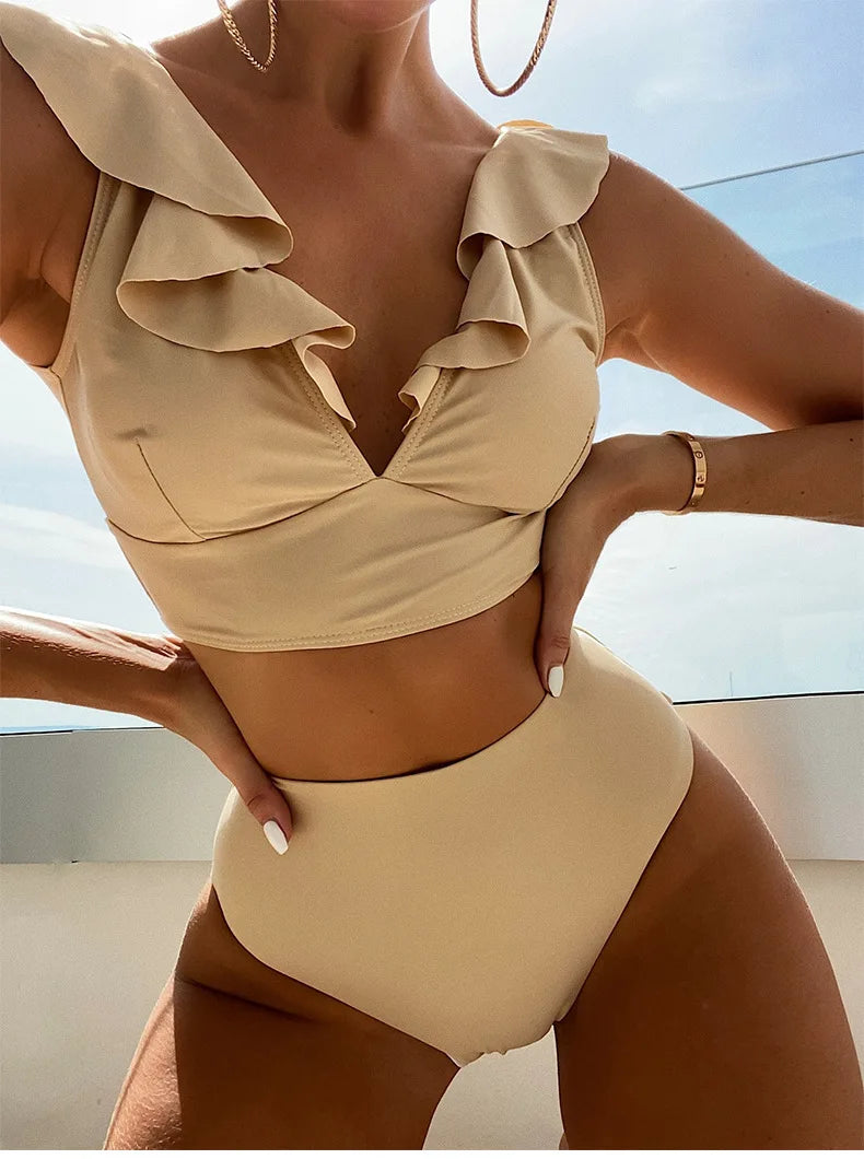 Solid Color Sexy V-neck Ruffle Bikini 2026 Women 2 Piece Swimwear Push Up Padded High Waist Swimsuit Summer Beach Bathing Suit