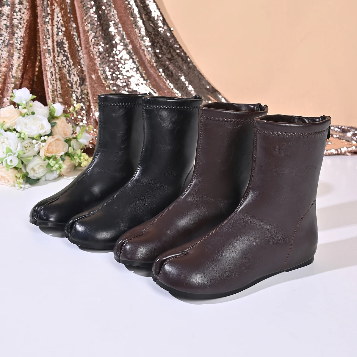 Women Tabi Split Toe Ankle Boots Soft Leather Back Zipper Wedge Hidden Heel Casual Fashion Short Boots