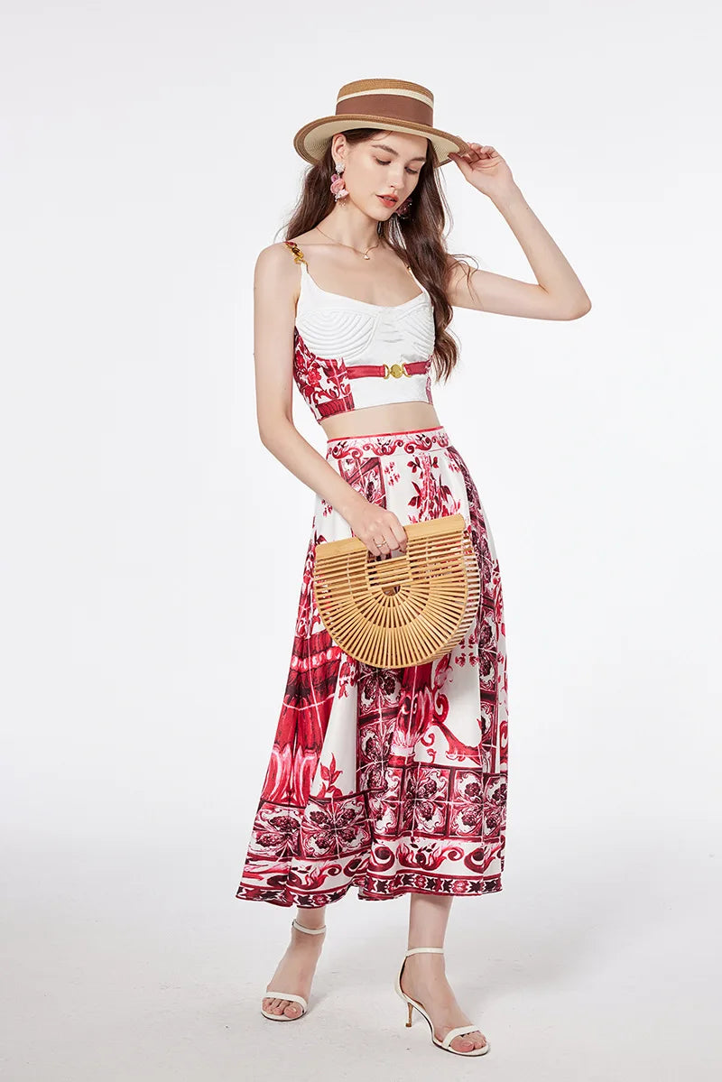 Women's Dress Blue And White Porcelain Retro Printed Metal Buckle Three-dimensional Strapless Top + Wide Skirt Two-piece Set