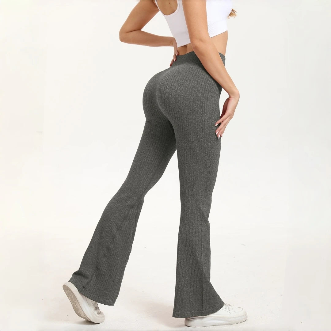 STOUREG Flared Yoga Pants for Women, High Waisted Ribbed Bootcut Leggings, Solid Color Seamless Fitness Trousers