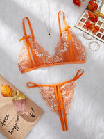Orange Lace Contrast Sexy Lingerie For Women Open Chest Bra Thongs Sets Summer Female Underwear Cute Erotic Adult Matching Suit