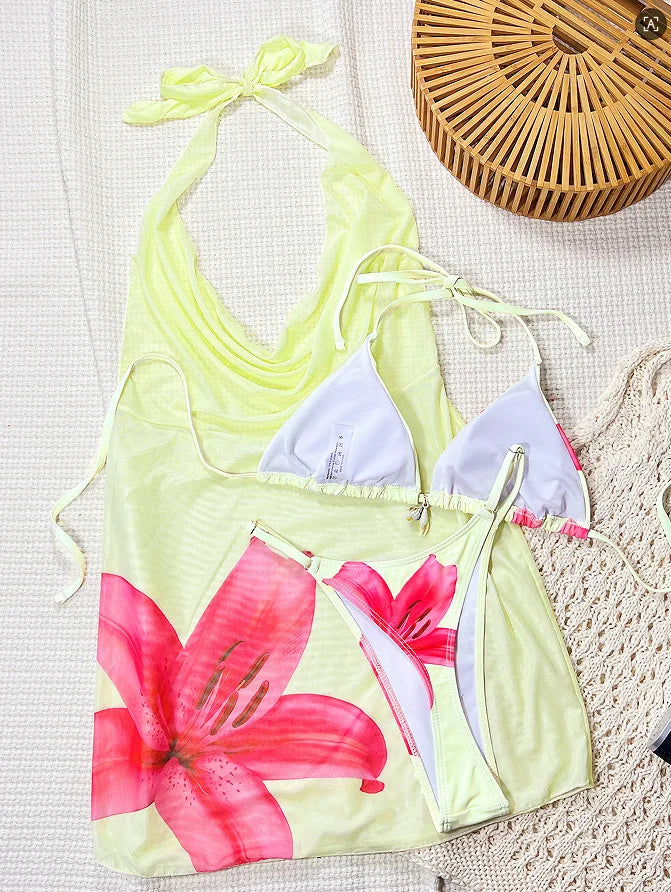 DEKA Sexy Flower Sheer Mesh Bikini 3PC Tummy-Hiding Design Slimming Design Split Bikini Set Split Style Fabric Slim-Fit Swimwear