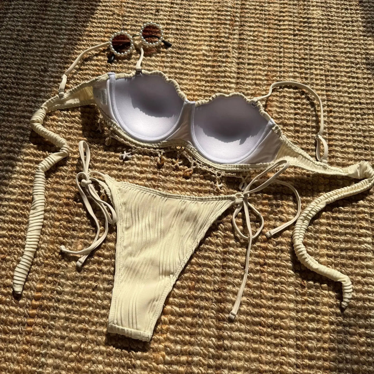Sexy Shell Bikinis Sets Women White Ruffles Starfish Ornament Push Up Underwire Thong Swimsuit 2025 Beach Bathing Suit Swimwear
