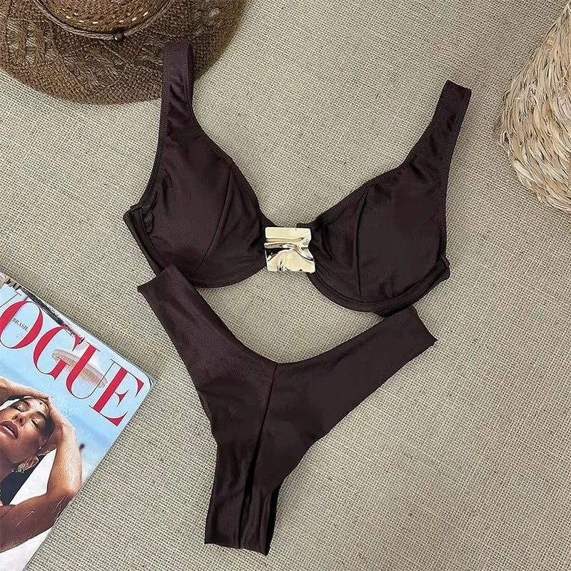Sexy Black White Bikini Set 2026 Women Metal Ornament Push Up Underwire Bra Thong Swimsuit Beach Holiday Bathing Suit Swimwear