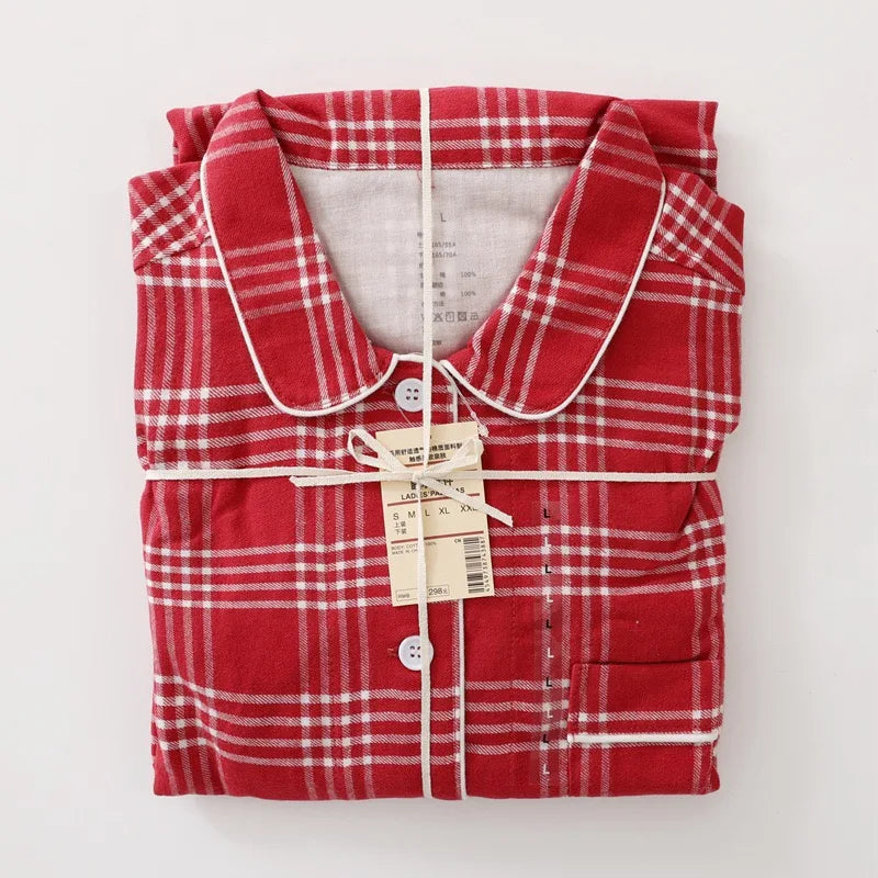 Men Brushed Cotton Vintage Plaid Stripe Pajama Set Lapel Collar Long Sleeve Top Pants Home Sleepwear Loungewear