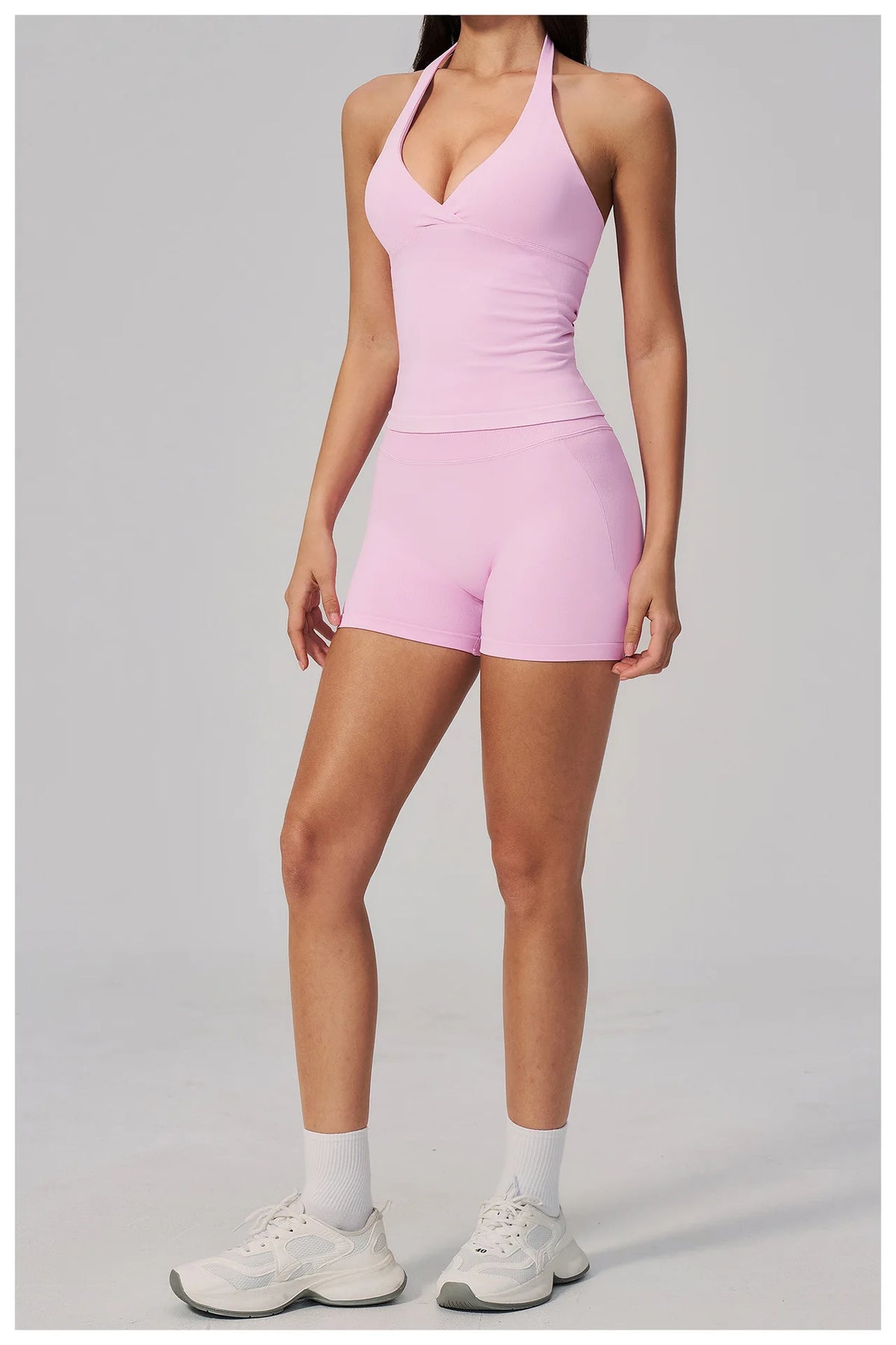 New Seamless Yoga Thread Set Women Hanging Neck V Neck Slim Sports Tank Top Hip Lifting Abdominal Tightening Shorts Fitness Suit
