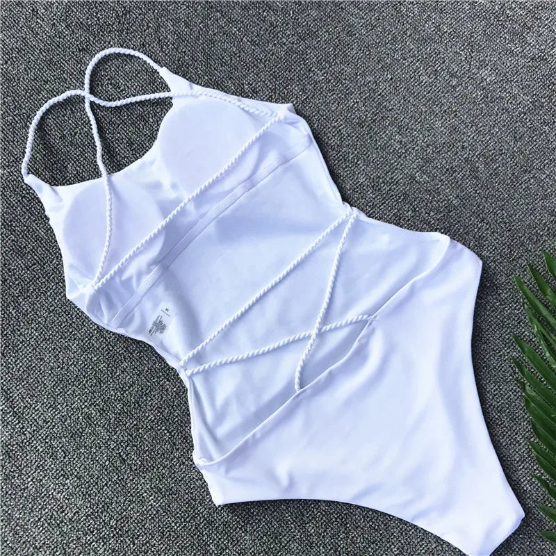 Criss Cross Backless Women Swimwear One Piece Swimsuit Female Monokini High Cut Leg Bather Bathing Suit Swim Beach Wear Lady