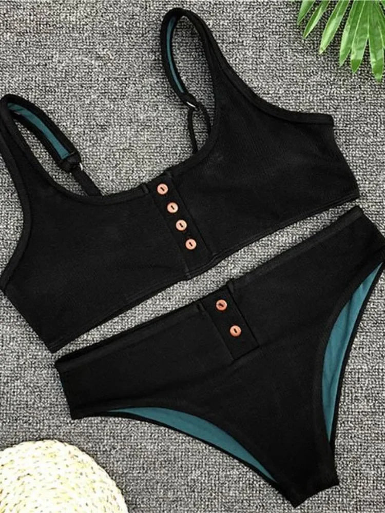 Sexy Sport Button Bikini 2025 Bandeau Swimwear Women Ribbed Swimsuit Female Two pieces bikini set Bathers Push Up Bathing Suit