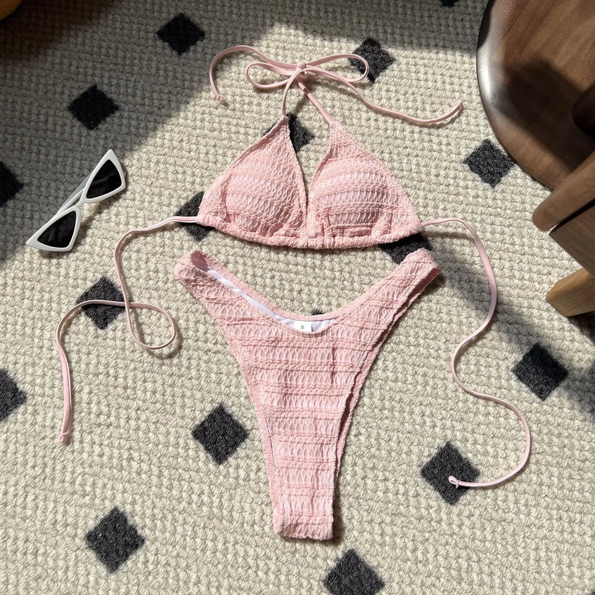 Sexy Knitted Hollow Handmade Crochet Bikini Set Women Pink Bandage Criss Cross Micro Swimsuit Bathng Suit Thong Swimwear