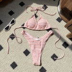 Sexy Knitted Hollow Handmade Crochet Bikini Set Women Pink Bandage Criss Cross Micro Swimsuit Bathng Suit Thong Swimwear