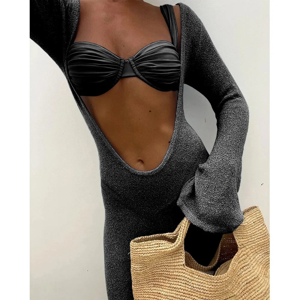 3 Pieces Women's Sexy Bikini Set 2025 New Swimwear Long Dress Cover up Female Beachwear Bathing Suit Summer Swimming Outfit