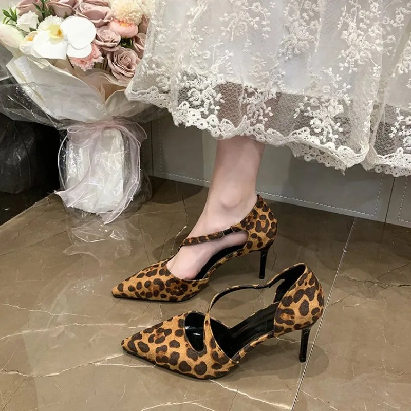 Summer High Heel Women Mules Sandals Fashion Pointed Toe Leopard Shoes Design Style Banquet Party