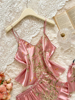 New Women Satin Pajama Set Cherry Print V Neck Top Ruffle Shorts Versatile Outfit Wearable Outside Elegant Sleepwear