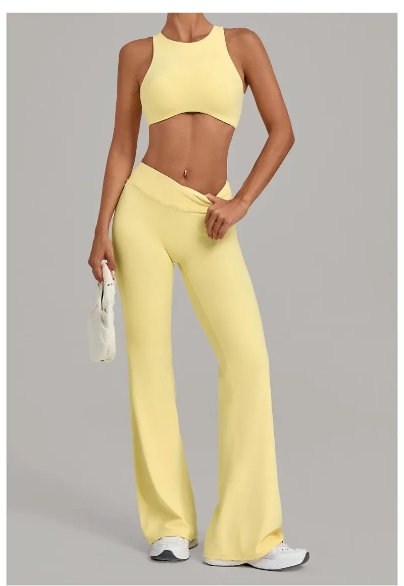 Women's Seamless Yoga Sets Sports Gym Fitness High Waist Hip-lifting Flared-pants Sleeveless Vest Workout Training Running Suits