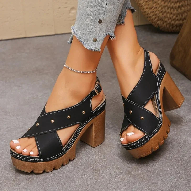 2026 New Plus Size High Heel Sandals Women's Block Heel Buckle Strap Casual FashionFish Mouth Shoes