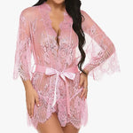 Romantic Lace Robe Set Women Sheer Floral Babydoll Lingerie Nightwear Belt Elegant Bridal Boudoir Sleepwear Mesh Nightgown