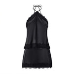 Women's Summer Satin Skirt Outfits Lace Trim Sleeveless Halter Camisole Tops with Mini Skirt 2 Piece Sets Retro Daily Date Wear