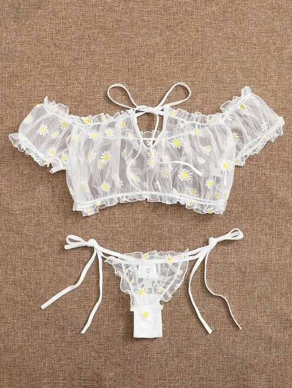 Toucheart Sexy Underwear Lace Lingerie Set For Women Off-Shoulder Small Chest Bralette+Thong Beachwear Transparent Bra Set New