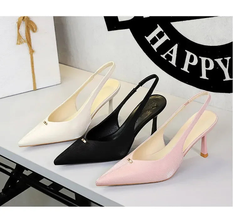 BIGTREE Shoes Sweet Metal Decoration Women Pumps Pointed High Heels silks satins heeled Sandals Women Summer Shoes Stiletto 8 cm
