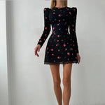 Ahagaga Elegant Women's Mini Dresses Print Heart-shaped Cutout Slim Fit A-Line Regualr Long Sleeves Trend O-Neck Lace Patchwork