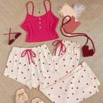3 Pcs/Set Women Pajamas Suit Sleeveless Backless Heart Printing Elastic Waist Shorts And Pants Slip Top Summer Sleepwear
