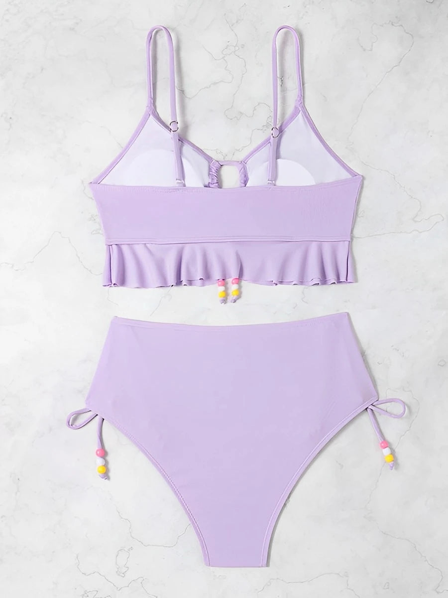 2026 High Waist Bikini Women Drawstring Swimwear Female Ruffle Swimsuit Solid Bathers Bathing Swimming Swim Suit Beachwear
