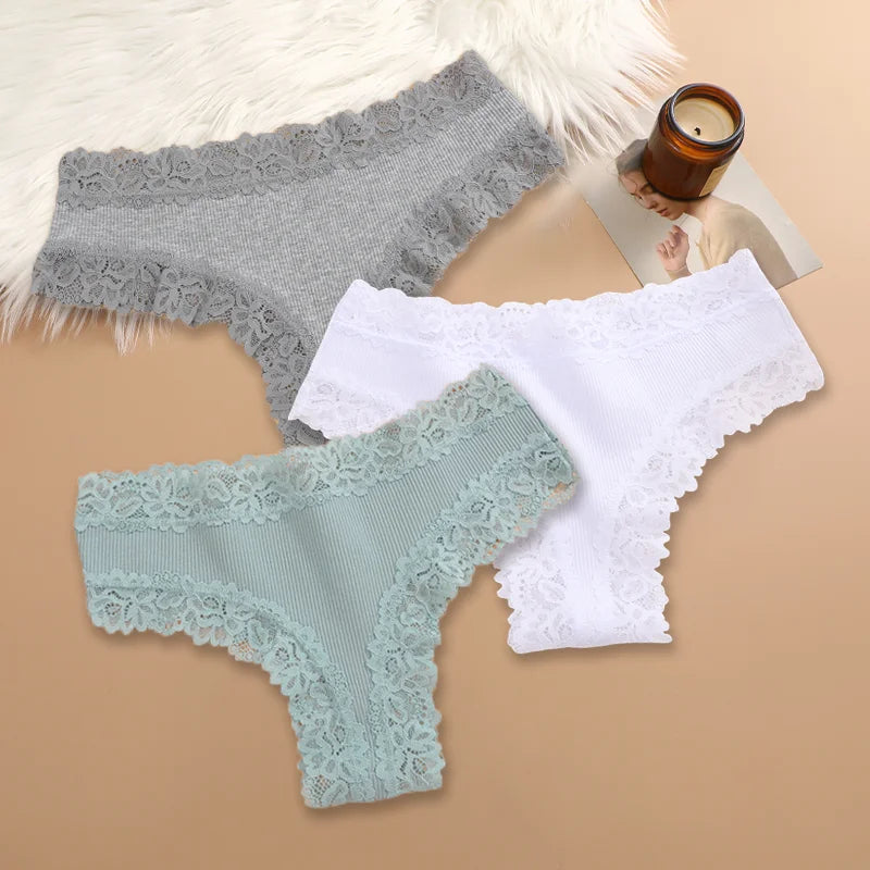 3Pcs Sexy Women Cotton Brazilian Pants Lace Brazilian Briefs Low Waist Floral Solid Color G-string Breathable Soft Lingerie