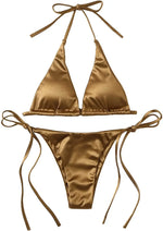 Halter Brazilian Metallic Satin Bikini Women Swimwear Female Swimsuit Two-pieces Bikini Set High Cut Bathing Suit Swim Beachwear