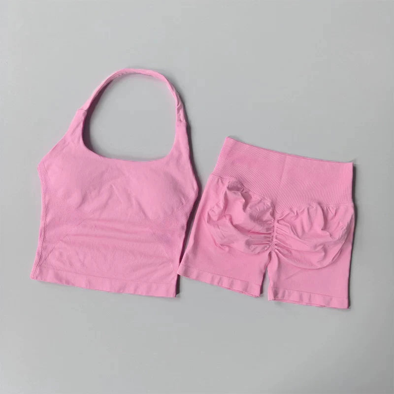 Yoga 2 Pieces Gym Set Women Backless Halter Tops High Waist Seamless Shorts Gym Suit Fitness Sports Bras Sportswear Workout Sets