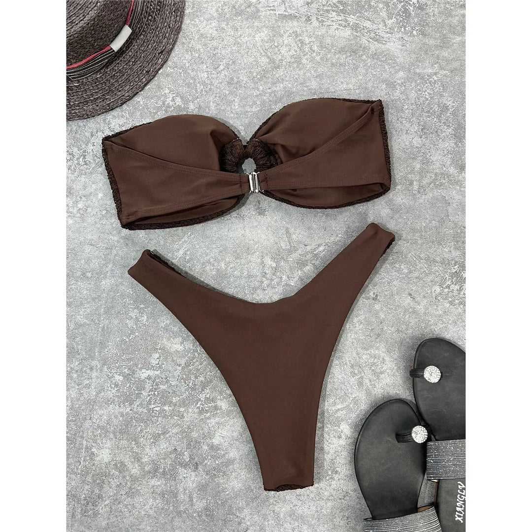 Sexy Wrinkled Bandeau Strapless Bikini Women Swimwear Female Swimsuit Two-Pieces Bikini Set Bather Bathing Suit Swim Lady V3367L