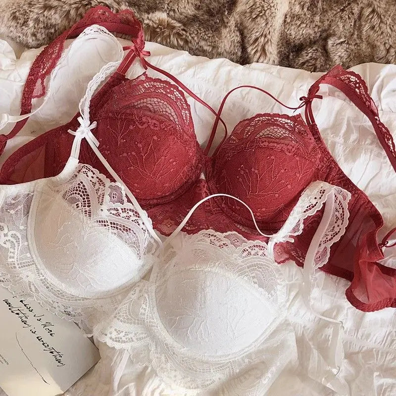 MOYISU Sexy French Lace Bralette Small Bust Cup Bra Set with Removable Straps & Push Up Pads, Soft Underwire Thin Girls Bra Top