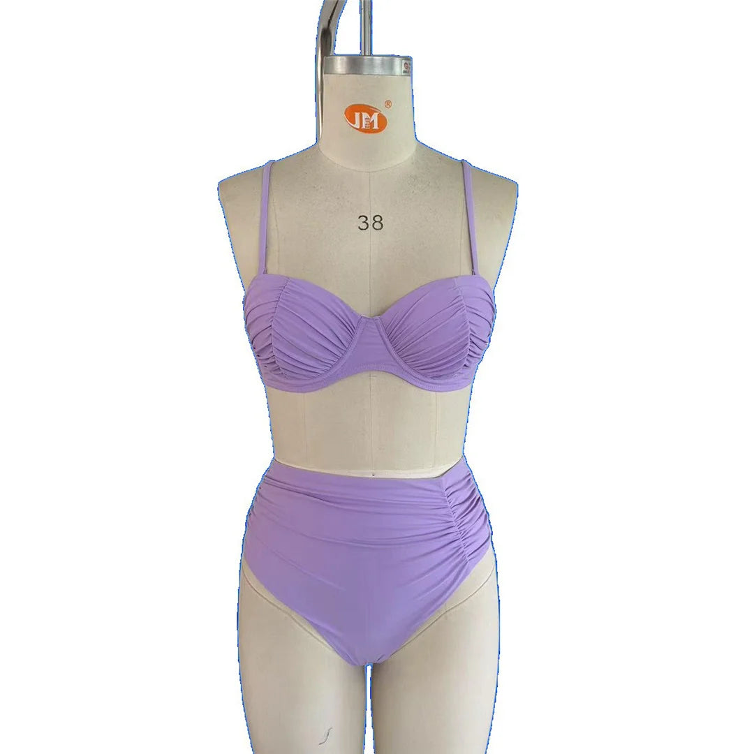 S - XXL Wrinkled Underwire Female Swimsuit High Waist Bikini Women Swimwear Two-Pieces Bikini Set Bather Bathing Suit Swim V7441