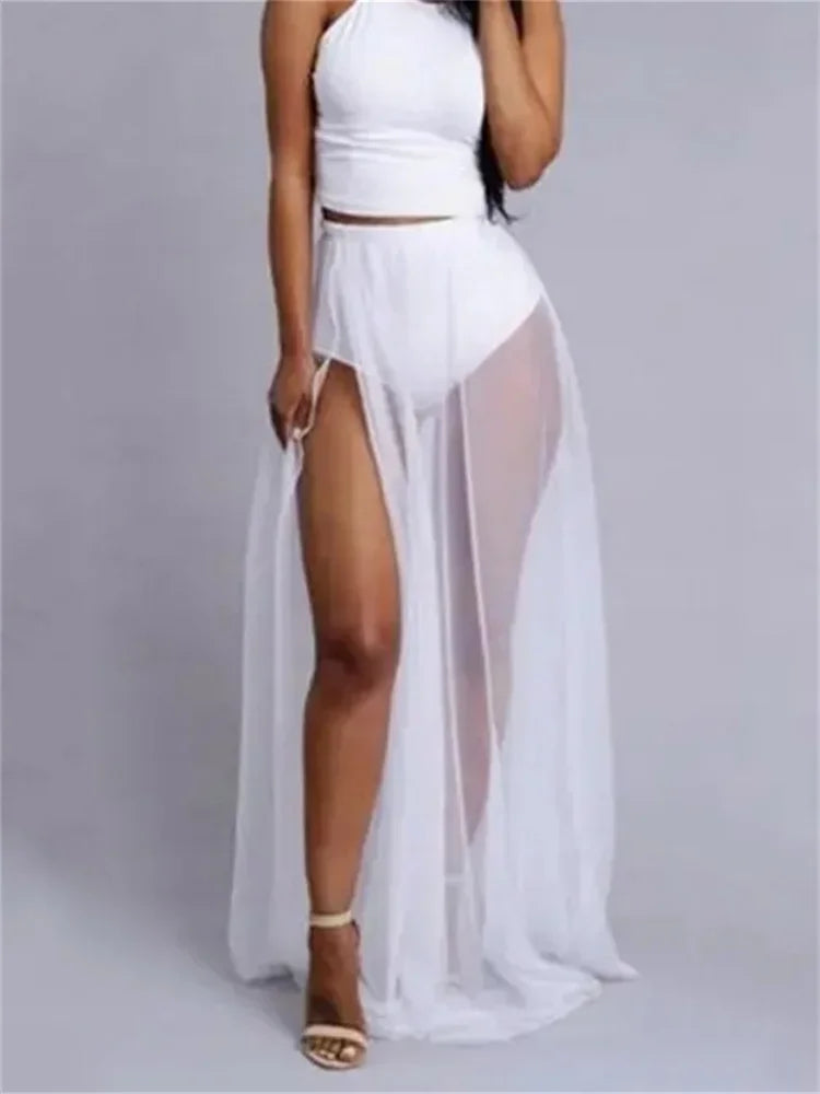 Womens Mesh Beach Wrap Skirt Bikini Cover-Ups High Waist See Through Slit Long Skirts Sexy Club Cover-ups