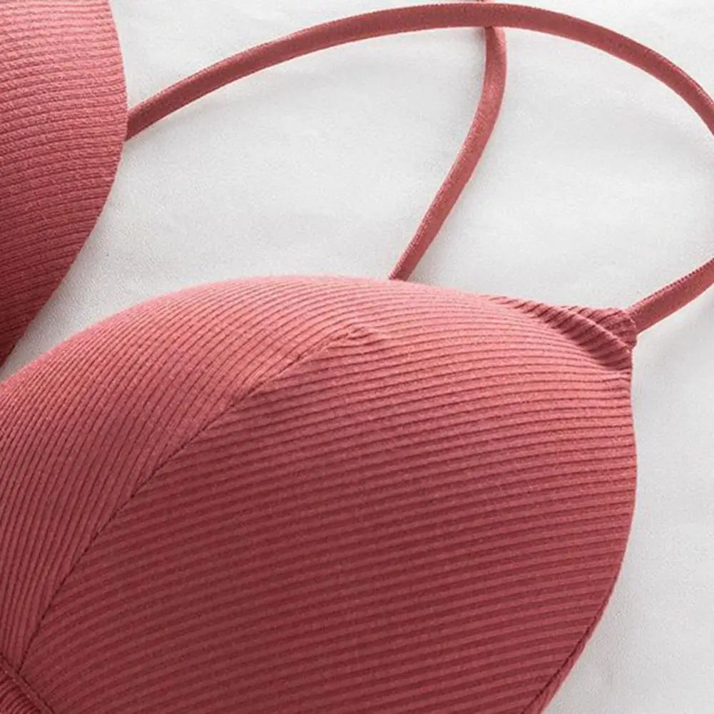 Women Simple Bra Triangle Cup Thin Straps Wrapping Chest Front Buckle Wireless Ribbed Bra Sexy Sports Cross Back Bra