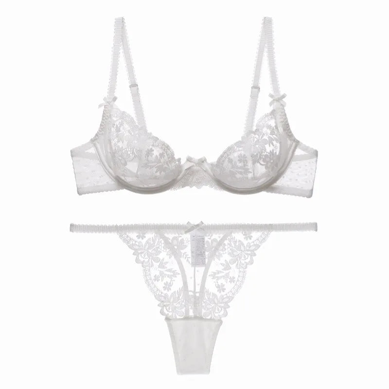 MOYISU Parisian Sheer Bralette Set - Ultra-Thin Wire-Free Bra No Padding Anti-Sag Lace Cutout Lingerie Sexy Vacation-Ready Tushy