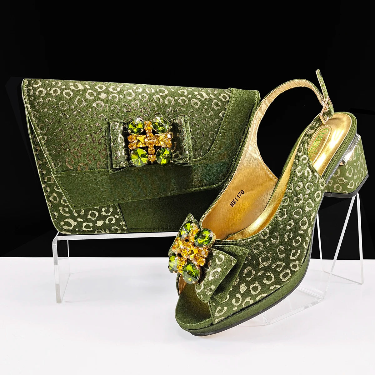 Doershow Italian green Shoes And Bag Sets For Evening Party With Stones Italian Leather Handbags Match Bags!1-1