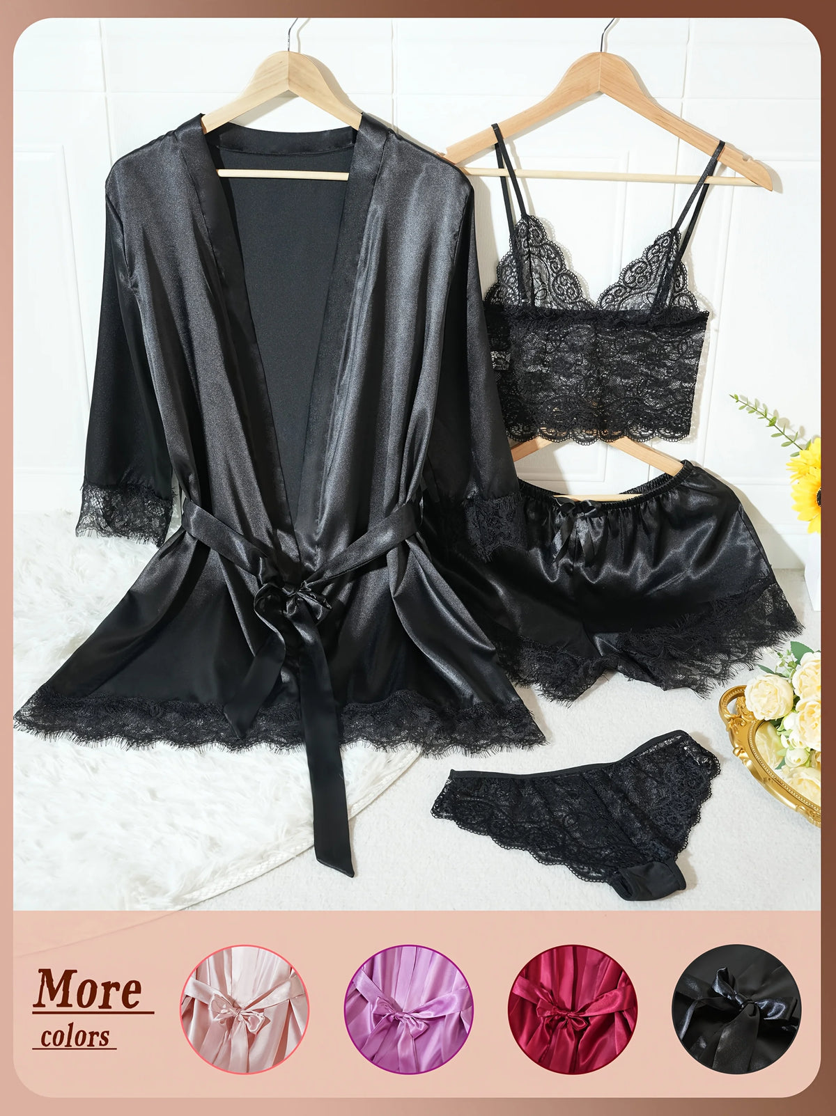 4Pcs Women Satin Pajama Set Robe Lace Lingerie Sexy Silk Nightwear Sleepwear Soft Satin Nightgown Pyjamas Nightdress Nighty Robe