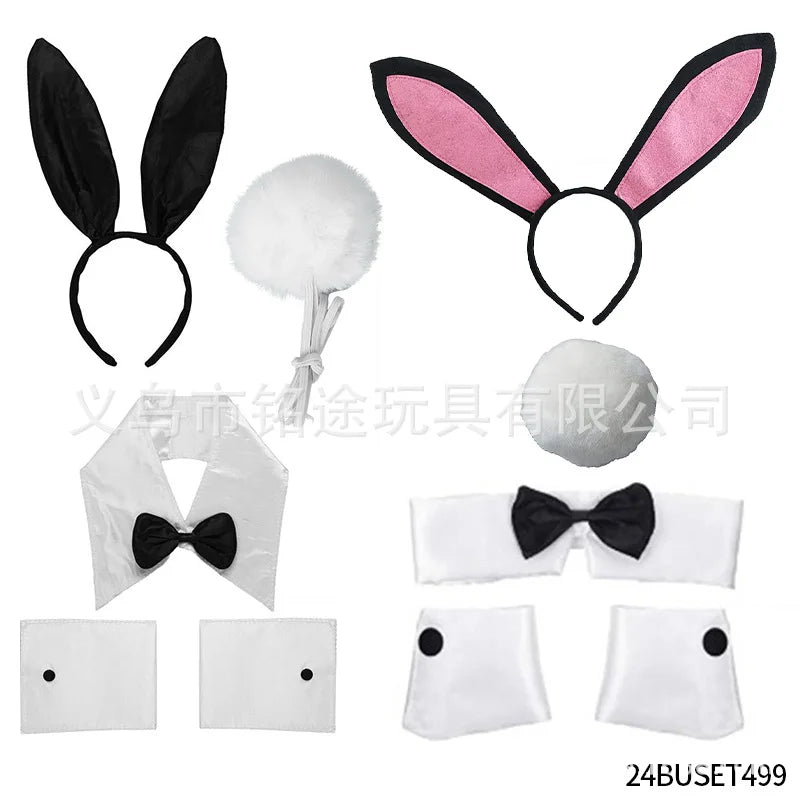 Easter Bunny Girl Cosplay 3-Piece Prop Set - Satin Headband Fluffy Rabbit Tail for Halloween Christmas