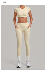 Yoga Set Women's Tracksuit Short Sleeve Back Hollow Out Sports Top Athletic Wear Tight High Waist Pocket Leggings Fitness Suits