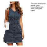 Women's Sleeveless Bodycon Denim Dress Casual V-Neck Button Down Mini Jean Dress Summer Overalls Dress with Pockets