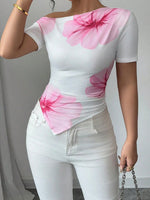 Women's Summer T-Shirts Flower Print Short Sleeve Slash Neck Off One Shoulder Trendy Tees Tops