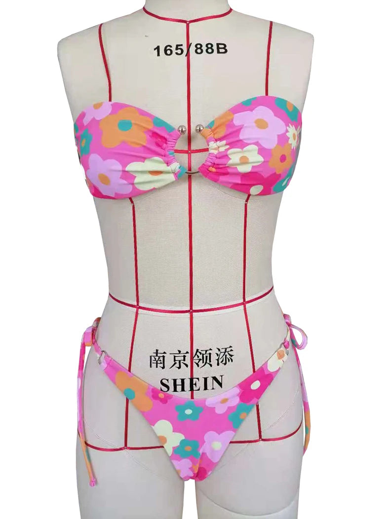 Sexy Bandeau Bikini 2025 Women Pink Floral Print Ring Circle Push Up Micro Swimsuit Off Shoulder Bathing Suit Thong Swimwear